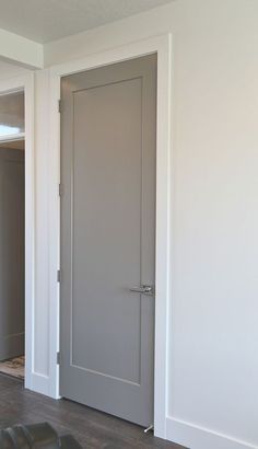 Modern Door Trim, Indoor Door Colors, Interior Door Color, Wood Exterior Doors, Update Doors, Interior Door Colors, Modern Baseboards, Grey Interior Doors, Modern Interior Door