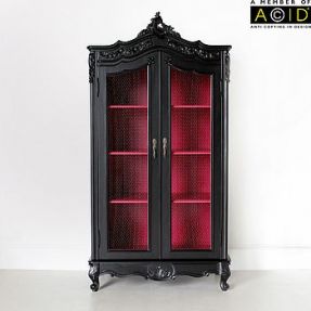 French Wire Fronted Armoire In Black.  I like the vivid interior. Painting Dressers, Gothic Bedroom, Gothic Furniture, Goth Home, Goth Home Decor, Dark Home, Furniture Redo, Black Furniture, Furniture Painting