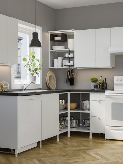 Small Kitchen Peninsula With Seating, Corner Window Kitchen Layout, Open Bottom Kitchen Cabinets, Awkward Kitchen Corner Ideas, Small L Shaped Kitchen With Island, Ikea Small Kitchen, Corner Kitchen Layout, Small U Shaped Kitchen, Mini Kitchens