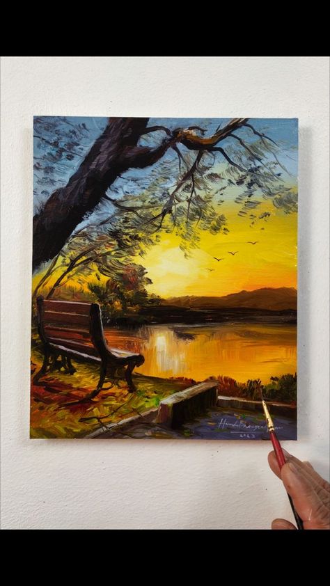 Beautiful "Lake at Sunrise" landscape painting 🌅🌳🍁🍂🪑/Acrylic on paper 🖌️ #easy #beautiful #landscape #painting #acrylicpainting #acrylic #art #paper #sunrise #autumn #Lake #bench #trees #peaceful #chill | Hamlet Shougrakpam Art | Sunrise Art Painting, Sunrise Drawing, Sunset Landscape Painting, Sunrise Landscape, Sunrise Painting, Sunrise Art, Large Canvas Painting, Autumn Lake, Beautiful Art Paintings