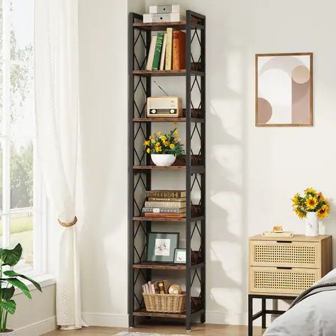 78.7 Inch Extra Tall Narrow Bookshelf, 7 Tier Skinny Bookcase - Bed Bath & Beyond - 37652158 Tall Narrow Bookshelf, Tall Corner Shelf, Bookshelf Corner, Narrow Bookshelf, Unique Bookshelves, Tall Bookshelves, Maximize Small Space, Corner Bookshelves, Small Bookshelf