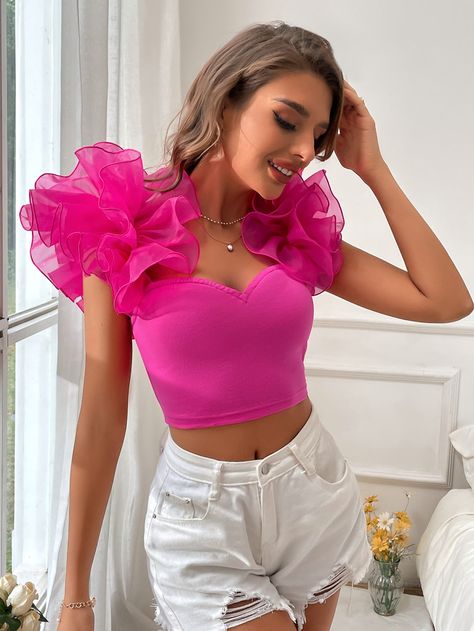 Hot Pink Party Collar Sleeveless Knitted Fabric Plain  Embellished Slight Stretch  Women Clothing Silver Party Dress, Organza Top, Baby Garments, Smart Outfit, Trendy Fashion Tops, Pink Party, Cropped Tops, Top Crop, Cute Simple Outfits