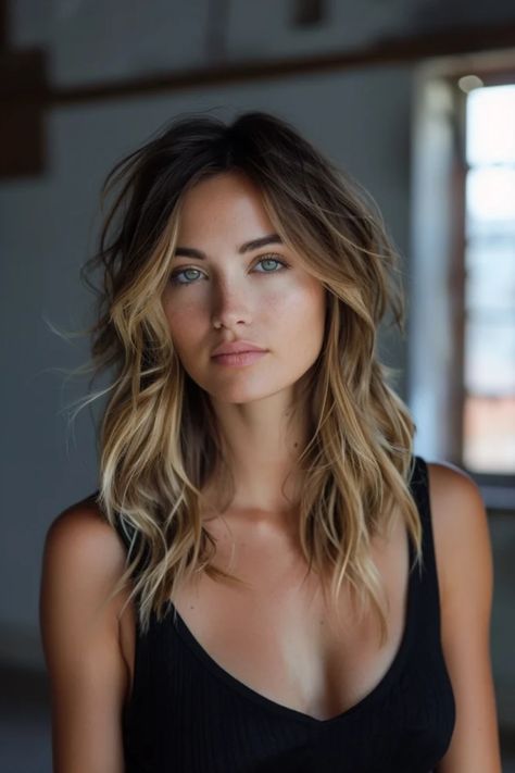 Woman with tousled blonde hair and blue eyes, wearing a black top, looking pensively towards the camera with a soft-focus background. Summer Brunette Hair Balayage Sun Kissed, Best Hair Color For Green Eyes, Highlights Long Hair, Angled Haircut, Color Trends 2024, Summer Brunette, Hair 2025, Summer Hair Color Ideas, Haircut 2023