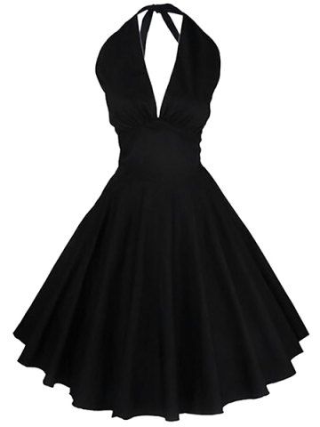 Vintage Halter Solid Color Backless Flare Dress For WomenVintage Dresses | RoseGal.com Robes Vintage, Vintage Black Dress, Vintage Prom, Bubble Dress, Rockabilly Dress, Vestidos Vintage, Vintage Style Dresses, Halterneck Dress, Dress Silhouette