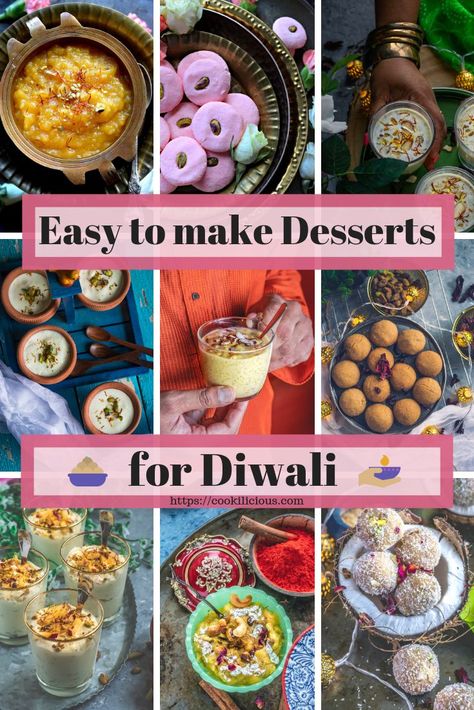 Try these easy & delicious dessert ideas this Diwali! Some are popular Desi mithais while some are fusion sweet treats. Make your Diwali extra special by these delectable Indian desserts! #desserts #Indian #Diwali #holidays #sweets #easy #recipe Easy Indian Sweets For Diwali, Diwali Desserts Ideas, Fusion Diwali Sweets, Indian Dessert Ideas, Quick Diwali Sweets, Diwali Drinks Ideas, Indian Fusion Desserts Sweets, Diwali Drink Ideas, Easy Diwali Recipes