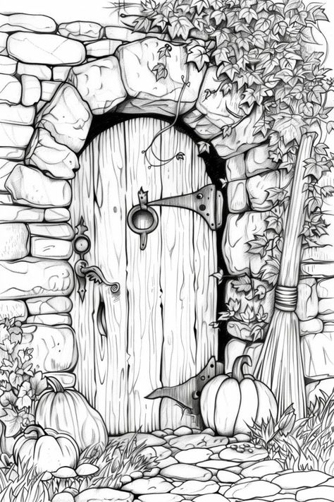 Fairy Door Drawing, Fairy World Drawing, Witches Door, Witch Sketch, Magical Artifacts, Witch Drawing, Witch Coloring Pages, Witch Room, Coloring Page For Adults