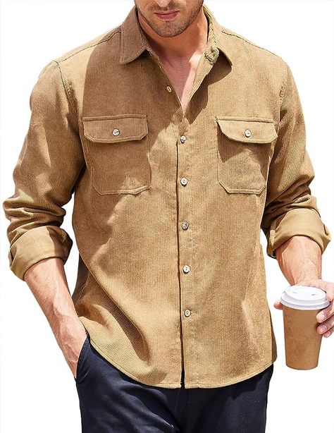 Amazon.com: COOFANDY Men's Corduroy Jacket Casual Two Pockets Long Sleeve Shirt Big and Tall Khaki : Clothing, Shoes & Jewelry Clothes For Spring, Corduroy Shirt, Button Up Long Sleeve, Work Shirt, Casual Stylish, Corduroy Jacket, Men's Clothes, Work Shirts, Mens Big And Tall