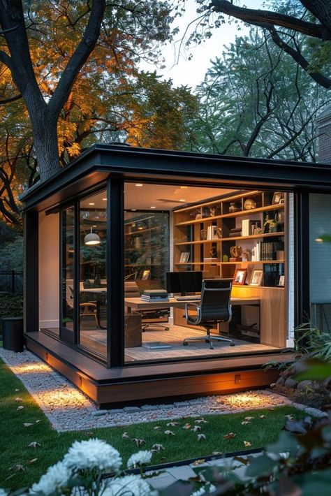 Home Office Outside, Indoor Outdoor Office, Shecave Ideas, Work From Home Shed, Small Office Exterior Design, Garden Office Ideas Interiors, Office Adu, Garden Shed Office, Office Sheds Backyard