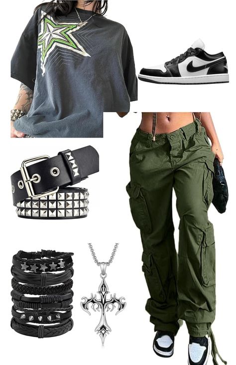 Discover the perfect blend of grunge and streetwear with this edgy outfit featuring a striking green accent. All products tagged below! #GrungeStyle #Streetwear #OutfitIdeas #Outfitinspo Green Tomboy Outfits, Streetwear Fashion Green, Green Grunge Outfit, Green Y2k Outfit, Green Pants Outfit, Edgy Outfit, Star Force, Streetwear Girl, Outfit Streetwear