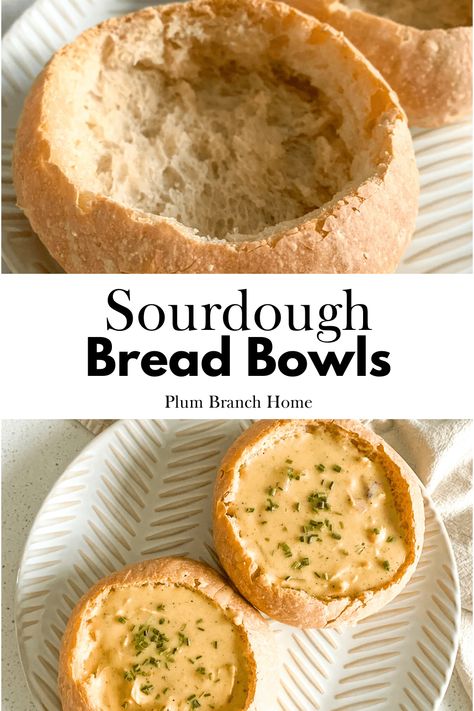 Sourdough bread bowls are the best way to serve soup, especially during the fall and winter seasons. There's no cozier way to enjoy a meal! They're the perfect soup bowl size! Sourdough Thanksgiving Recipes, Sourdough Bread Bowl Recipe, Sourdough Bread Bowls, Bread Bowl Soup, Easy Sourdough Bread Recipe, Bread Bowl Recipe, Bread Winners, Bread Soup, Homemade Sourdough Bread