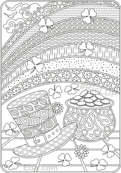 St Patricks Coloring Sheets, March Coloring Pages, Leprechaun Coloring Page, Coloring Doodles, Leprechaun Rainbow, Rainbow Pot Of Gold, Sant Patrick, Cute Heart Drawings, Rainbow Shamrock