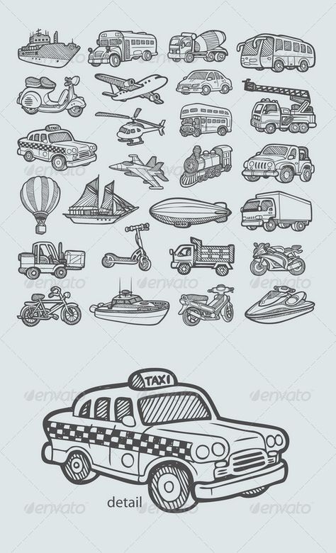 Transportation Icons Sketch    #doodle #transport #taxi #boat #bicycle # scooter #balloon #truck #motorcycle #ship #airplane #firetruck #train #jeep #helicopter Taxi Drawing, Storyboard Illustration, Human Figure Sketches, Perspective Drawing Lessons, Motor Cycle, Figure Sketching, Black Ink Tattoos, Bullet Journal Doodles, Flower Doodles