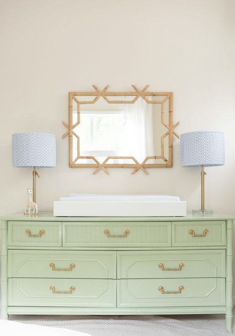 Bamboo Dresser Nursery, Nursery Vintage Dresser, Office Turned Nursery, Calming Baby Nursery, Kelly Green Nursery, Preppy Nursery Boy, Preppy Nursery Girl, Light Green Nursery Boy, Green Nursery Dresser