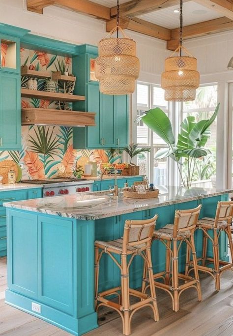 Bamboo Kitchen Island, Beach Furniture Design, Colorful Beach House Decor Bohemian, Tropical Bohemian Decor, Colorful Tropical Decor, Vibrant Kitchen Ideas, Caribbean Decor Tropical Style, Bright Beach House, Bright Kitchen Ideas