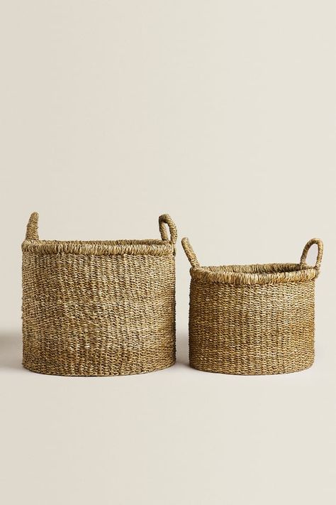 SEAGRASS BASKET WITH HANDLES - Brown | ZARA United States Living Room Baskets, Folding Laundry Basket, Wastepaper Basket, Rectangular Baskets, Jute Basket, Basket With Handles, Wood Basket, Seagrass Basket, Bamboo Basket