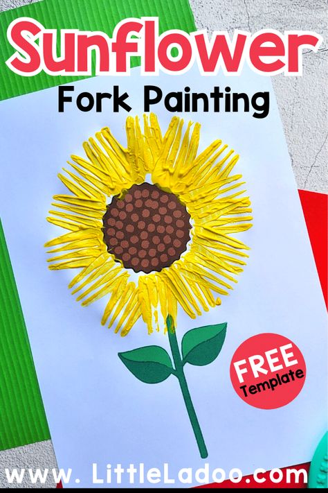 Fork-Painted Sunflower Craft {Free Template} Sunflower Art Kindergarten, Fork Flowers Craft, Sunflower Crafts For Kids Preschool, Sunflower Crafts For Preschoolers, Toddler Sunflower Craft, August Craft Ideas For Seniors, Sunflower Kids Craft, Sunflower Activities For Toddlers, Sunflower Preschool Crafts