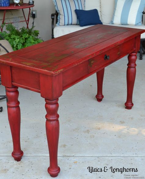 Red milk paint table by Lilacs & Longhorns Red Painted Furniture, Muebles Shabby Chic, Porch Table, Liz Marie, Red Furniture, Red Table, Lodge Decor, Distressed Furniture, Chalk Paint Furniture