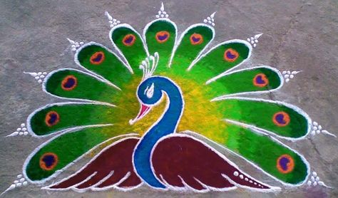 Rangoli Picoc Rangoli, Swan Rangoli Designs Latest, Peacock Rangoli Designs Easy, Simple Peacock Rangoli, Easy Peacock Rangoli, Rangoli Peacock, Peacock Rangoli Designs, Designs Rangoli, Very Easy Rangoli Designs