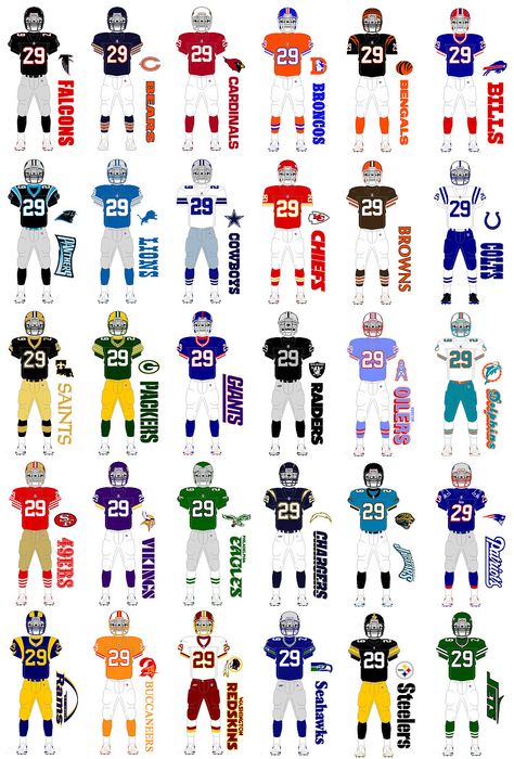 Flag Football Uniform Design, Football Uniforms Design, Character Rotation, Sports Den, Nfl Football Logos, Nba Uniforms, Blood Bowl Teams, Nfl Art, Nfl Team Colors