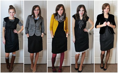 Year-round work looks: LBD 5 ways (little black dress gets made over and over) http://merricksart.blogspot.com/ Professional Attire, Work Attire, Wear Black Dresses, Basic Black Dress, Simple Black Dress, Diy Style, Looks Style, Work Fashion, 5 Ways