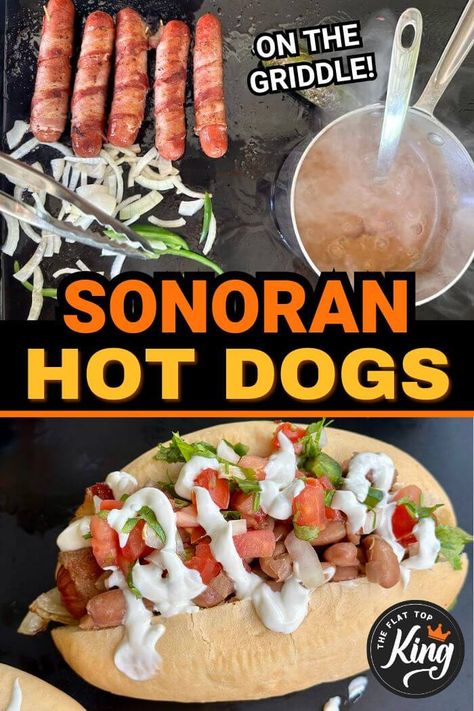 Looking for creative hot dog recipes to try this summer?  You've GOT to try these Sonoran hot dogs!  Sonora-style hot dogs may sound weird because of the toppings like pinto beans, pico de gallo, and mayo - but they are SO GOOD!  Easily one of my favorite hot dogs to make on the griddle... and the homemade pinto beans are fantastic, too! Sonoran Dogs Recipe, Sonora Hot Dogs, Creative Hot Dog Recipes, Sonoran Hot Dog Recipe, Homemade Pinto Beans, Soft Hot Dog Buns, Hot Dog Recipes Creative, Beans Dinner, Bean And Cheese Enchiladas