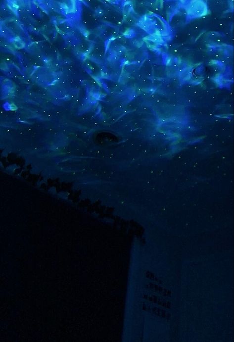 #galaxy #night #bedroom #inspiration #aesthetic #room #decor #blue #light #nightlight Starry Sky Room, Calm Bedroom Aesthetic Blue, Blue Aesthetic Decorations, Ocean Room Asthetics, Blue Walls Aesthetic, Dark Ocean Bedroom, Cloudy Room Aesthetic, Dark Ocean Bedroom Aesthetic, Space Core Room