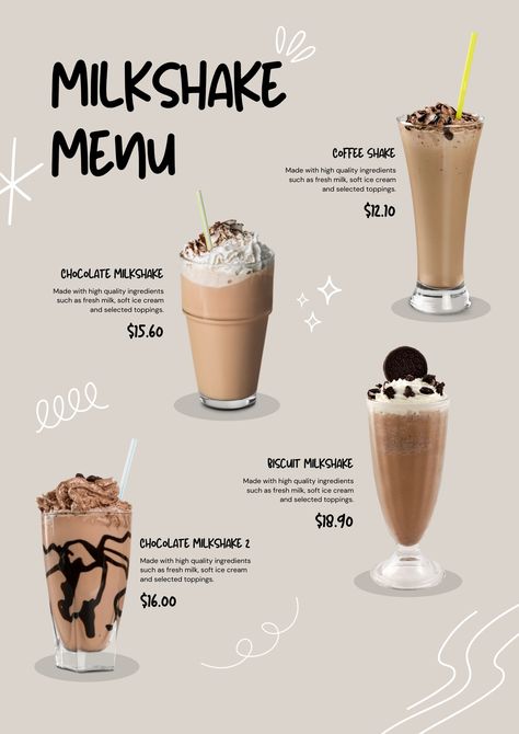 Bar Drinks Menu Design, Milkshake Menu Design, Coffee Shop Drinks, Resturant Menu, Drink Menu Template, Coffee Menu Design, Drink Menu Design, Ice Cream Menu, Glowing Flowers