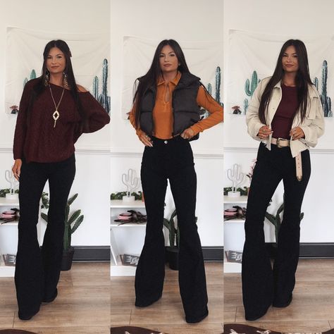 Black Pants Outfit Going Out, Edgy Bell Bottoms Outfit, Styling Black Bell Bottoms, Black Bell Bottom Jeans Outfit Winter, Black Jean Bell Bottoms Outfits, Dark Blue Bell Bottom Jeans Outfit, Outfits With Black Bell Bottoms, Bell Bottom Winter Outfit, Winter Bell Bottoms Outfit