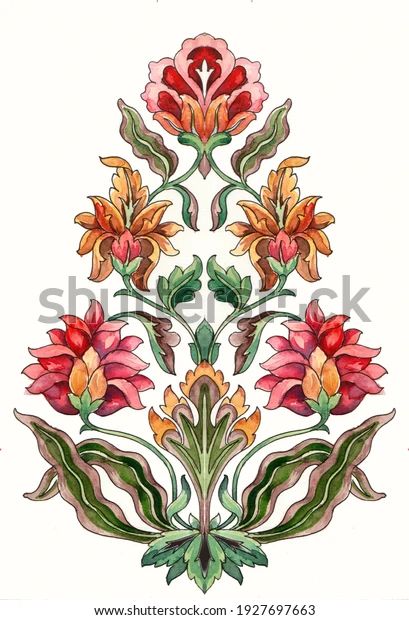 Water Colour Mughal Buta Printing Sareedress Stock Illustration 1927697663 | Shutterstock Digital Flower, Botanical Flower Art, Ornament Drawing, Block Printed Textiles, Scenic Wallpaper, Folk Art Flowers, Paisley Art, Flower Art Images, Flower Prints Art