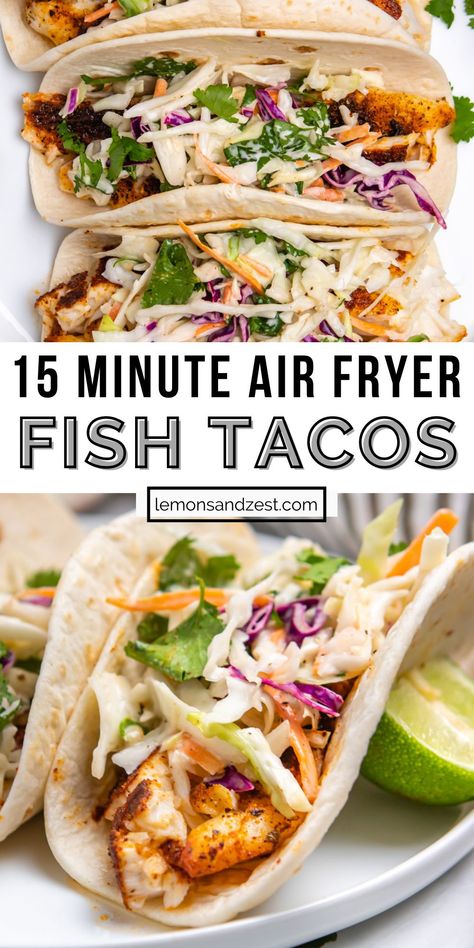 Air Fryer Fish Tacos With Cilantro Lime Slaw, Airfry Shrimp Taco, Fish Ideas For Dinner Meals, Camping Crockpot Ideas, Air Fried Tilapia Tacos, One Basket Air Fryer Meals, Fish Tacos In Air Fryer, Cod Tacos Air Fryer, Semi Healthy Dinner Recipes