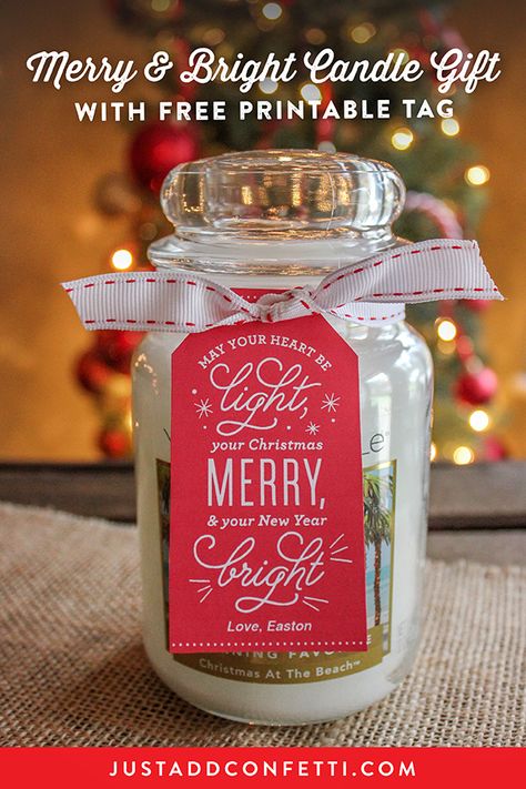 This super simple Merry and Bright Candle Gift idea is such a sweet way to dress up a candle for your Christmas gift giving. All you need is your favorite scented candle, ribbon, and the free printable gift tag! #Christmasgiftidea #freeprintable #Christmas Teacher Candle Christmas Gifts, Candle Gift Sayings, Secret Santa Candle Gift Ideas, Candle Christmas Gift Tag, Candle Gift For Teacher, Candle Sayings Gift Ideas Free Printable, Candle Gift Tags Printable Labels, Candle Gifts For Teachers, Candle Gift Ideas Christmas