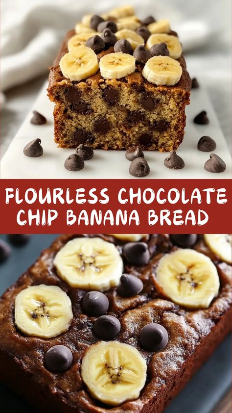 4-Ingredient Flourless Chocolate Chip Banana Bread is a simple, healthy treat made with ripe bananas, peanut butter, eggs, and chocolate chips. This moist and delicious banana bread is naturally sweetened and gluten-free, making it a perfect guilt-free indulgence for any time of day. Whether you're looking for a quick breakfast or a tasty snack, this recipe is easy to follow and packed with flavor. Don’t miss out on this delicious bread—try making it today and share your experience with us! Flourless Peanut Butter Banana Bread, 4-ingredient Flourless Chocolate Chip Banana Bread, Banana No Flour Recipes, Healthy Banana Bread With Chocolate Chip, Flourless Chocolate Chip Banana Bread, Banana Bread Recipe Flourless, 6 Ingredient Banana Bread, Banana Bread With Ripe Bananas, Healthy Flourless Banana Bread