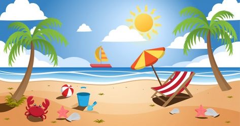 Sunny beach summer landscape Premium Vec... | Premium Vector #Freepik #vector #travel #summer #beach #sea Beach Cartoon, Summer Logo, Wallpaper Summer, Illustration Story, Summer Cartoon, Beach Illustration, Summer Poster, Event Poster Design, Cartoon Posters