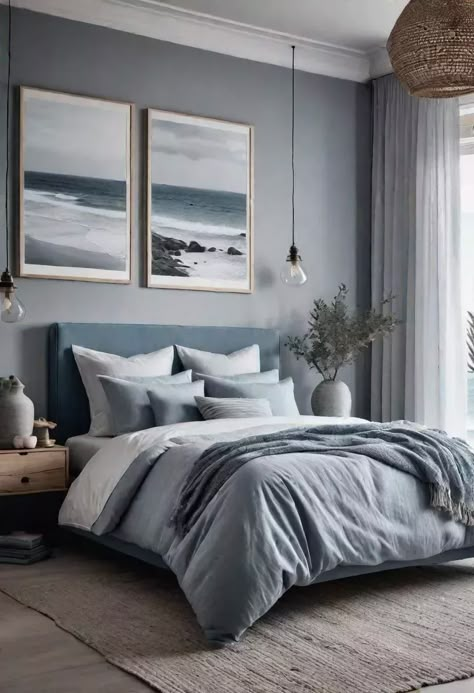 Scandinavian Bedroom Grey Bed, Blue And Gray Bedroom Ideas Decorating, Neutral Bedroom Grey, Blue Grey Bedroom Walls, Chic Blue Bedroom, Blue And Grey Bedroom Ideas, Blue Grey Bedroom, Cozy Blue Bedroom, Bedroom Ideas Scandinavian