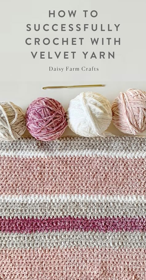 Crochet With Velvet Yarn, Velvet Yarn Crochet Patterns, Bernat Velvet, Daisy Farm Crafts, Stitch Techniques, Daisy Farm, Crafts Crochet, Velvet Yarn, Yarn Bee