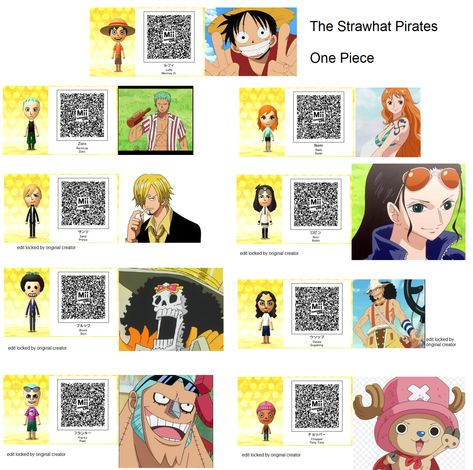 Tomodachi Life QR Codes — The Strawhat Pirates of One Piece Tomodachi Life Qr Codes, Strawhat Pirates, Tomodachi Life, Instagram Code, Life Code, Animal Crossing 3ds, Anime Lineart, Zoro Nami, Ds Games