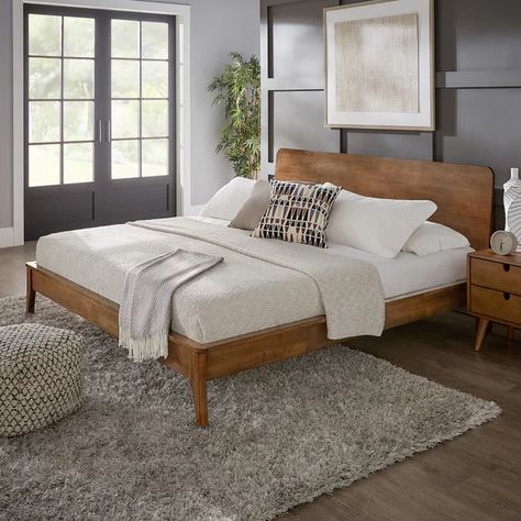 Fiamma Bed Mid Century Upholstered Bed, Wood Platform Bed With Headboard, Wooden King Bed Frame, Wooden Bed Frame Styling, Wayfair Bed Frame, Simple Wooden Bed Frame, Low Headboard Bed, Natural Wood Bed Frame, King Size Wood Bed Frame