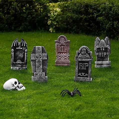 What a fun idea! Foam Tombstones, Graveyard Tombstones, Halloween Headstone, Headstones Decorations, Halloween Gravestones, Rip Tombstone, Unique Halloween Decorations, Weird Design, Tombstone Designs