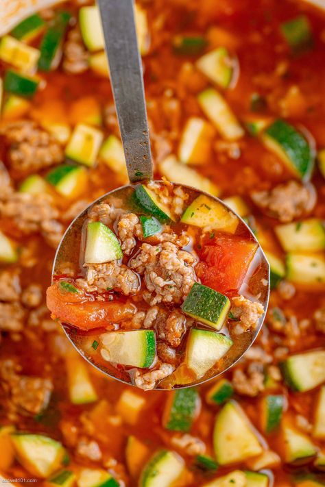 Zucchini Tomato Italian Sausage Soup - #soup #recipe #eatwell101 - Delicious, nourishing and packed with healthy vegetables. - #recipe by #eatwell101® Healthy Zucchini Tomato Italian Sausage Soup, Zucchini Tomato Italian Sausage Soup Crockpot, Healthy Meals With Italian Sausage, Spicy V8 Vegetable Soup, Zucchini And Sausage Soup, Italian Sausage Zucchini Soup, Italian Zucchini Soup, Italian Sausage And Zucchini Recipes, Sausage Zucchini Soup