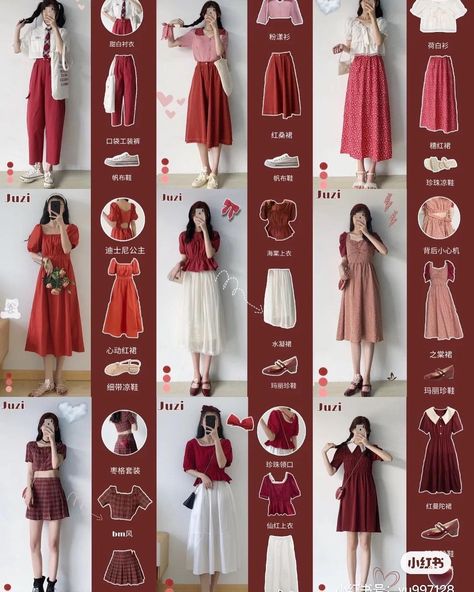 Christmas Ootd Korean, Lunar New Year Outfit Casual, Outfit Baju Merah, Korean Christmas Outfit, Red Color Outfits, Runway Fashion Outfits, Christmas Outfit Ideas, Simple Style Outfits, Color Combinations For Clothes