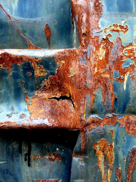 Rust | さび | Rouille | ржавчина | Ruggine | Herrumbre | Chip | Decay | Metal | Corrosion | Tarnish | Texture | Colors | Contrast | Patina | Decay | Steel Blue Rust by Ann Kate Davidson Growth And Decay, Rust Paint, Texture Inspiration, Peeling Paint, Rusted Metal, Nature Artwork, Rusty Metal, Hive Mind, Metal Texture