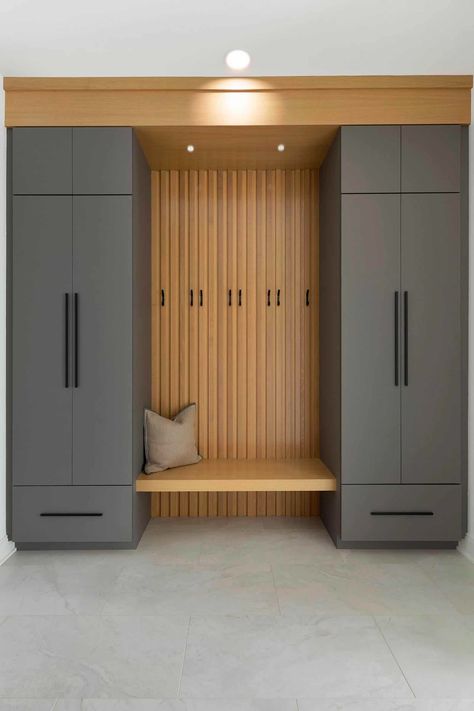 Mudroom With Coat Closet, Coat Closet Bench, Home Entrance Closet, Ikea Entrance Closet, Cabinets For Mudroom, Mudroom With Lockers And Bench, Mudroom Slat Wall, Modern Mudroom Lockers, Modern Coat Closet