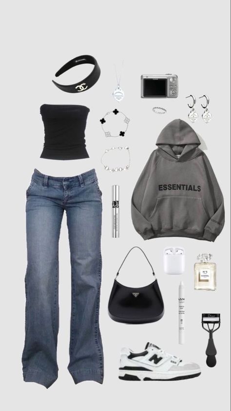 Blue jeans black cute top Tee grey hoodie essentials black bag from prada shoes green and white make up lashes headphones AirPods highlighter white bracelet necklace accessories parfume black head band frok chanel and mascaras earrings ring camera for cool and cute and good aesthetic photo Black Fits Aesthetic, Outfits On White Background, Cute Style Outfits, Blue And Black Outfit, Outfits From Shein, Stile Kendall Jenner, Womens Outfits, Mode Zara, Populaire Outfits