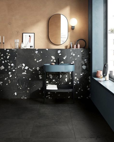 Black Terrazzo Bathroom, Terrazzo Tiles Bathroom, Terrazzo Bathroom, Black Terrazzo, Indoor Tile, Bad Inspiration, Terrazzo Tiles, House Tiles, Elegant Bathroom