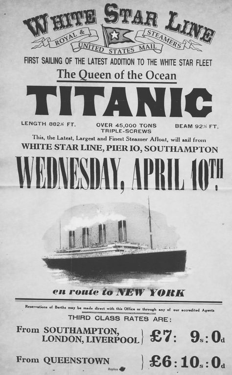 *🇬🇧 Poster advertising the first crossing of the Titanic on April 10, 1912 from Southampton, England to New York 🎞 Titanic Movie Poster, Titanic Poster, Goodnotes Cover, Southampton England, Titanic History, Titanic Ship, Poster Advertising, History Posters, Titanic Movie