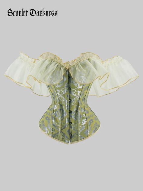 Women Victorian Gothic Corset Jacquard Satin Lace Bustier Victorian Corset Aesthetic, Cool Corsets, Corset Outfit Drawing, Corset Looks Outfit, How To Style A Corset Top, Corset Shapes, Green Corsets, Corset Types, Vintage Corset Outfit