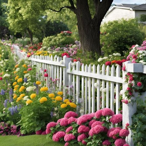 Flower Garden Fence Ideas Flower Garden Fence Ideas, Fenced Front Yard, Flower Garden Fence, Cottage Fence, Garden Fence Ideas, Crow Bird, Fence Ideas, Picket Fence, Garden Fencing