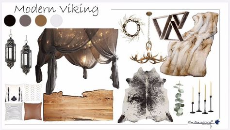 Modern viking themed bedroom / mood board / interior design Master Bedrooms Decor Viking, Norse Living Room, Norse Inspired Bedroom, Norse Themed Bedroom, Viking Aesthetic Bedroom, Modern Viking Aesthetic House, Norse Interior Design, Modern Viking Bedroom, Viking Style Living Room