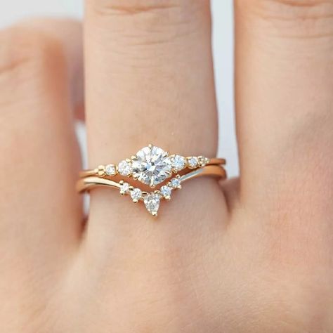 Triple Band Wedding Ring Set, Wedding Band And Engagement Ring Set Simple, Simplistic Engagement Rings With Wedding Band, Wedding Rings Engagement Stack, Engagement Ring Wedding Band Combo, Stacked Gold Wedding Rings, Vintage Engagement Ring Stack, Stacking Engagement And Wedding Rings, Wedding Band Engagement Ring Combo