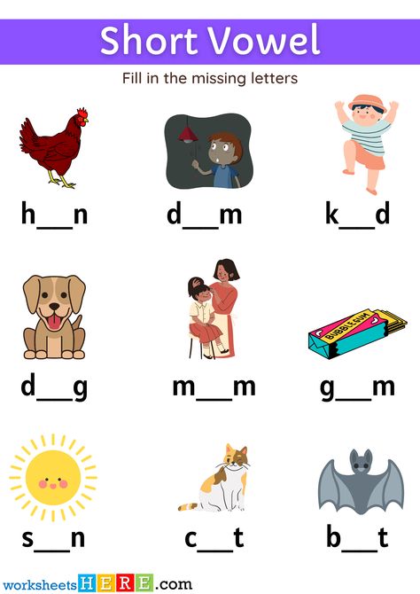 Finding Short Vowel Activity For Kids, Write The Missing Vowel Worksheets - WorksheetsHere.com Find The Vowels Worksheets, Short Vowel I Worksheets, Vowel I Worksheets, Vowel Activity, Short Vowel Activities, Short Vowel Worksheets, Vowel Activities, Vowel Worksheets, Short Vowel Sounds